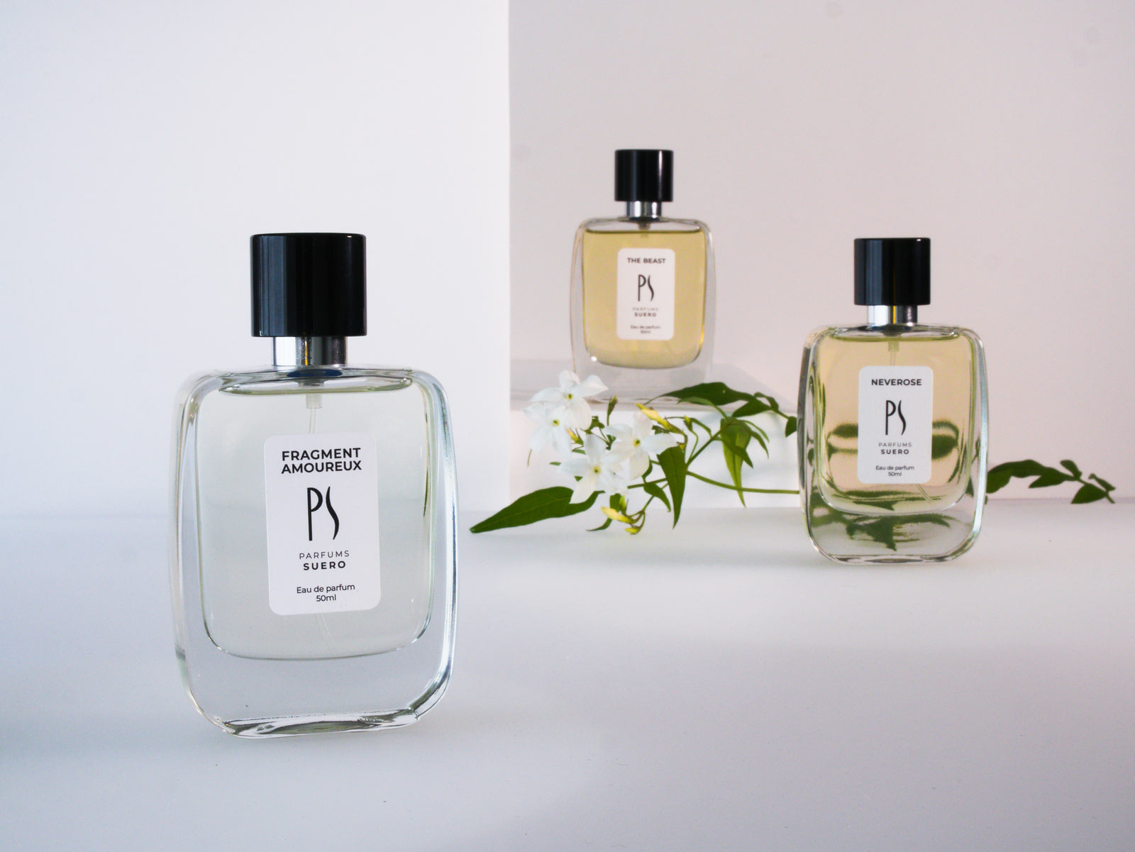 Mise en scène des 3 flacons de parfums de la marque PARFUMS SUERO ambiance visuelle minimaliste éclairage blanc chaud avec une branche de jasmin en fleur