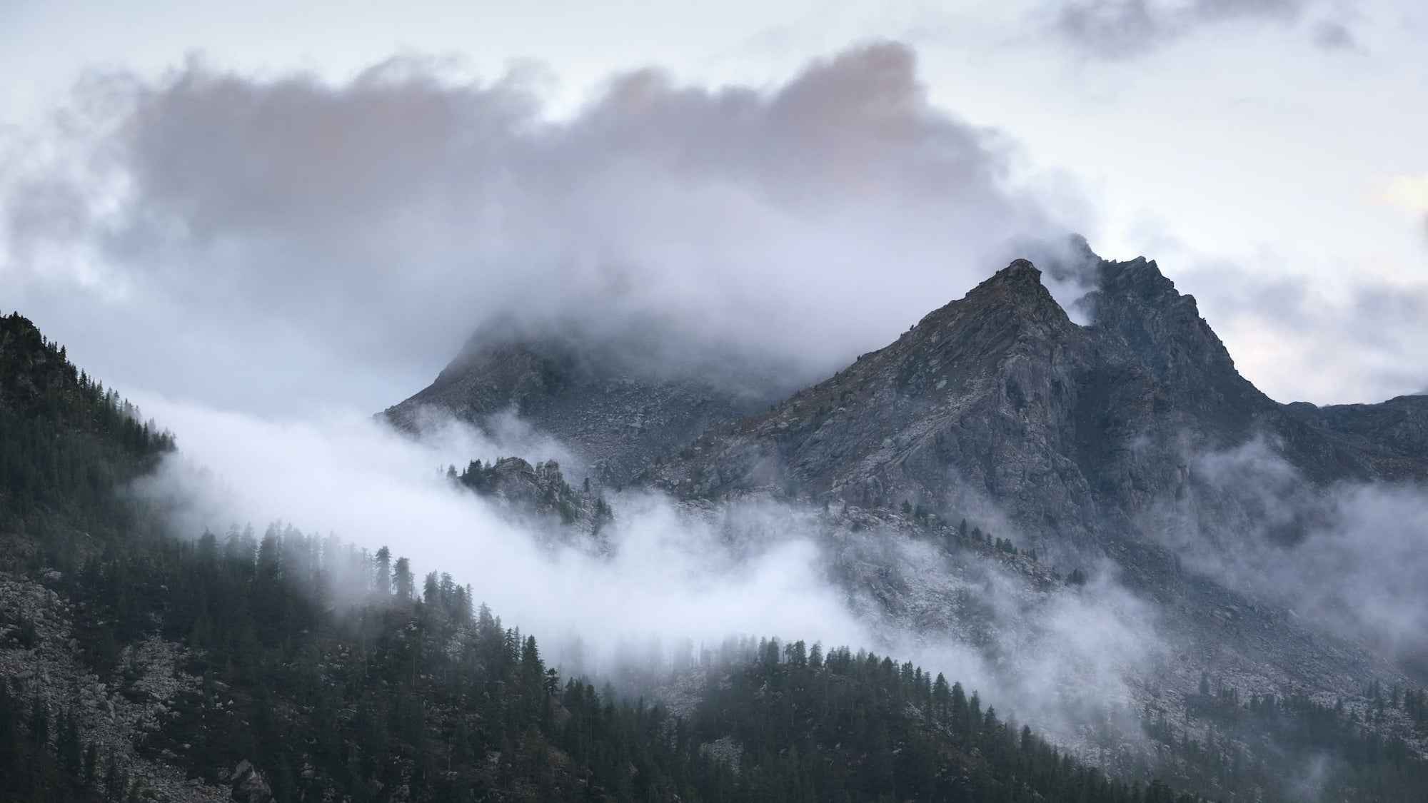 Paysage montagneux avec des sommets escarpés partiellement enveloppés de nuages et de brume, au-dessus d'une forêt