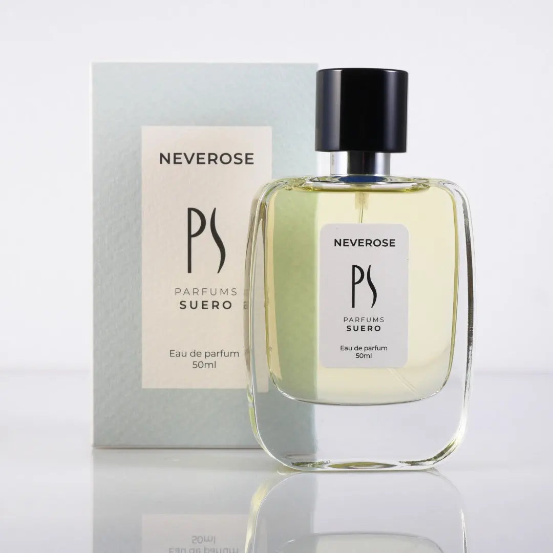 le packshot du flacon et de la boite de Neverose de la marque PARFUMS SUERO